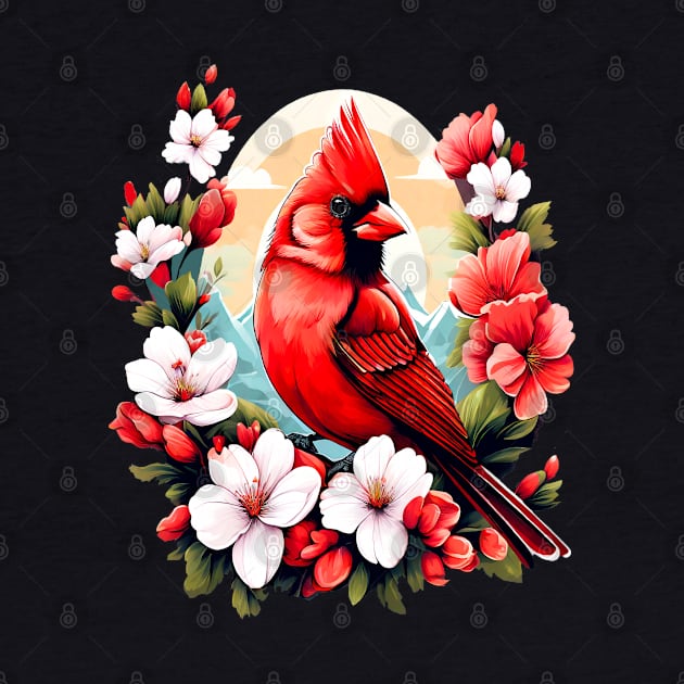 Cute Northern Cardinal Surrounded by Vibrant Spring Flowers by BirdsnStuff